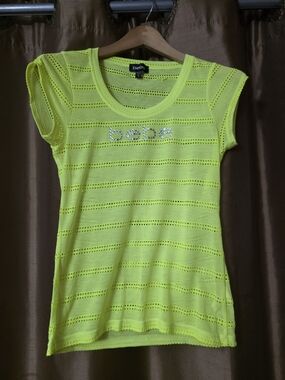 bebe Neon Yellow Short Sleeve Eyelet Knit Top with Crystal Logo